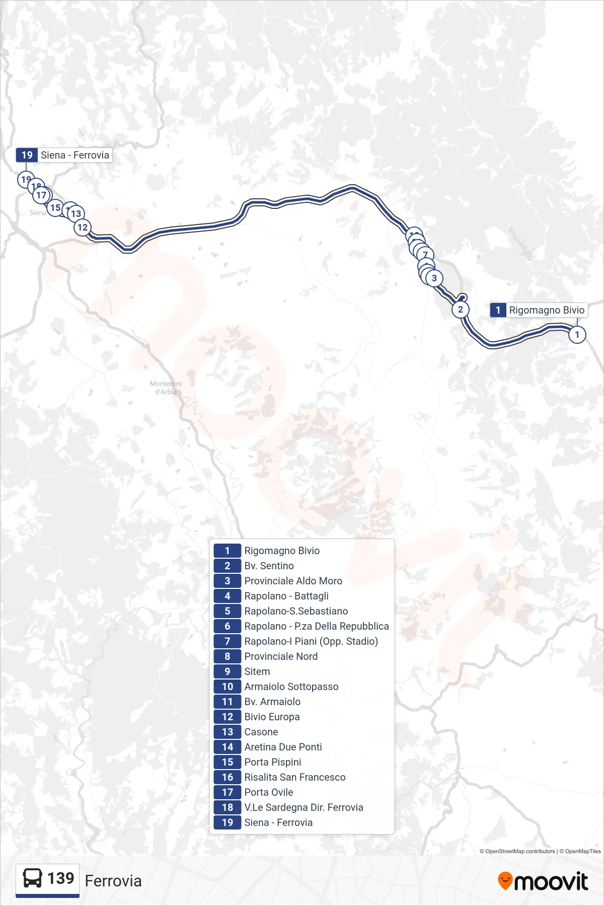Linea 139 bus (Ferrovia) - Percorsi e fermate sulla mappa