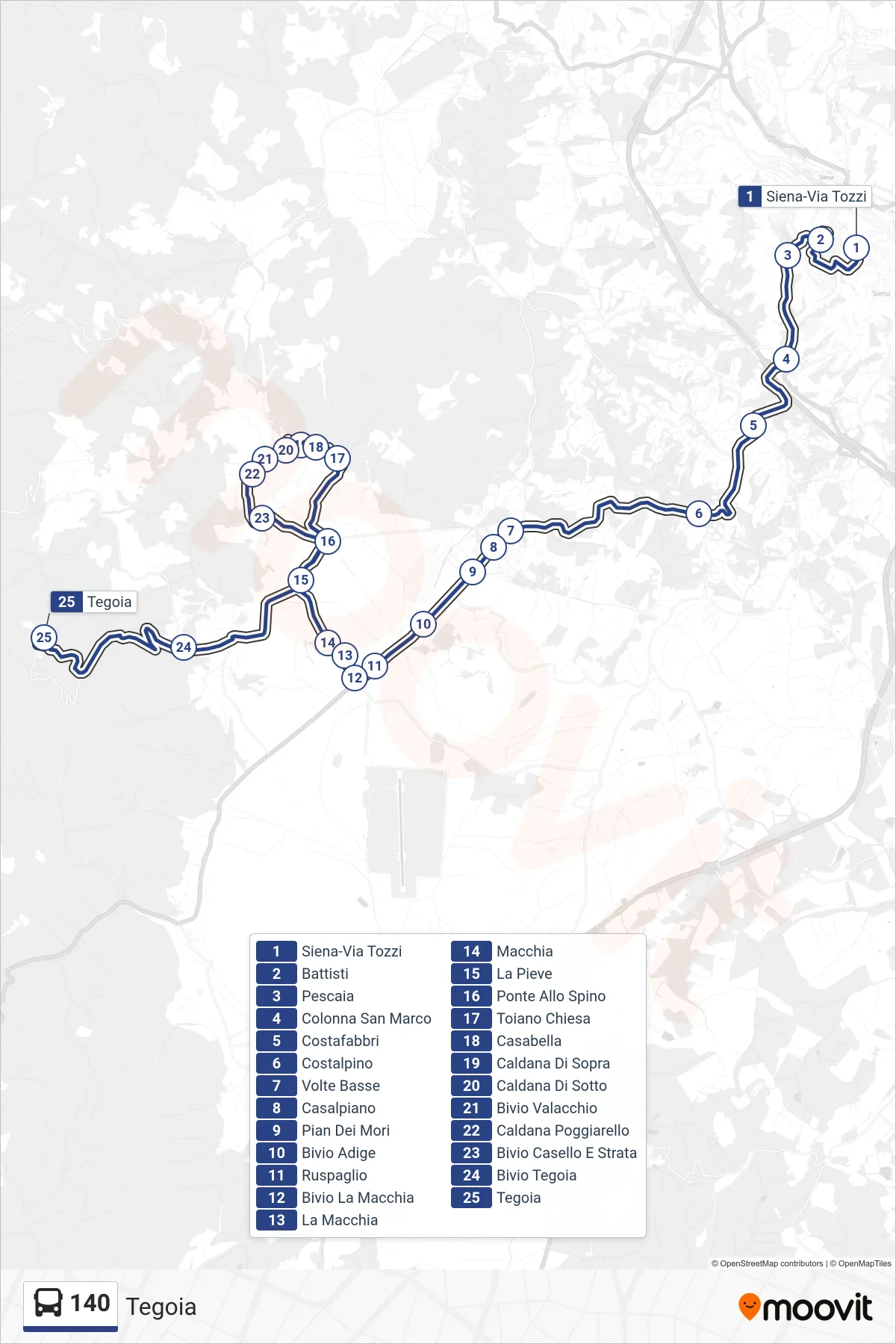 Linea 140  bus (Tegoia) - Percorsi e fermate sulla mappa