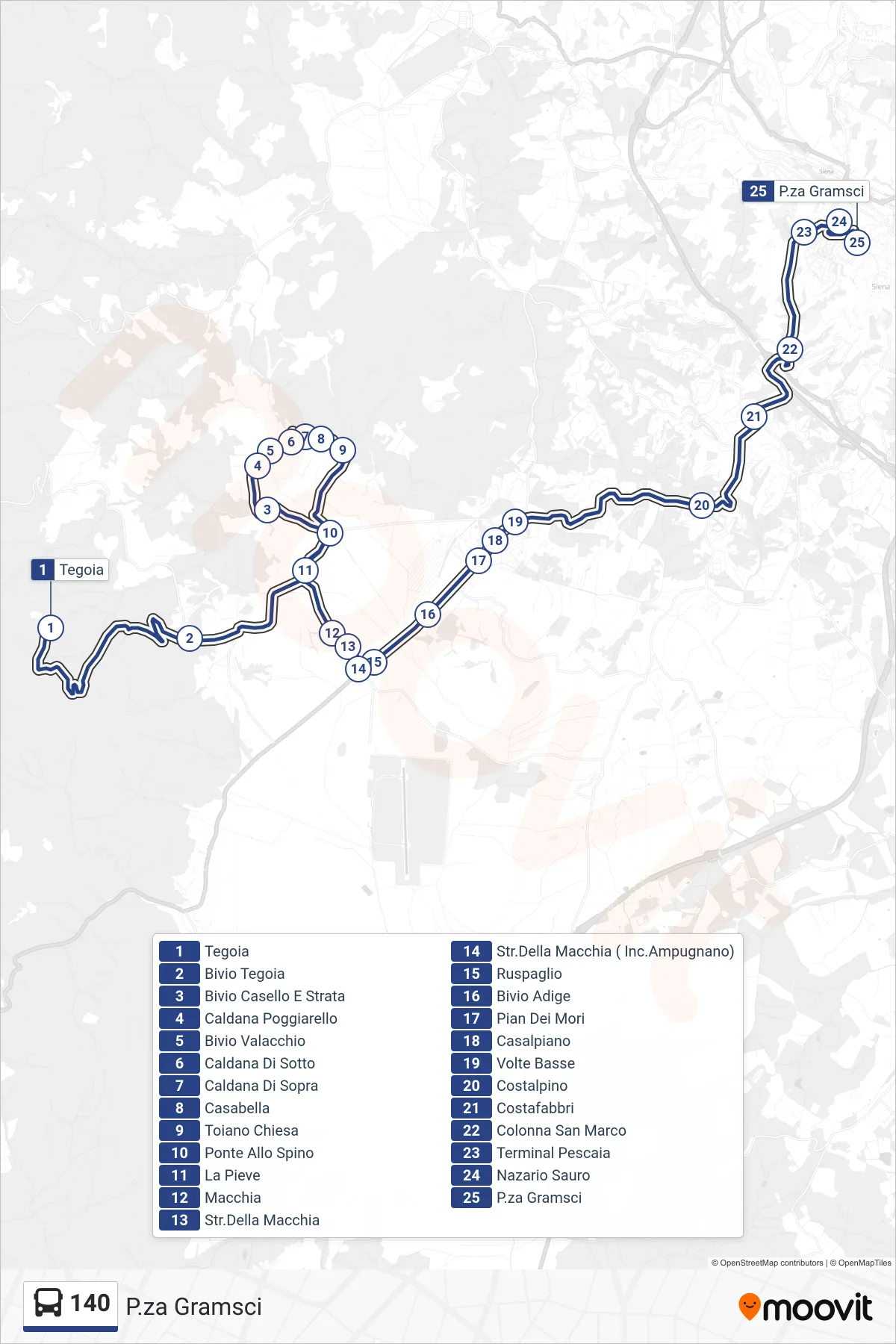 Linea 140 bus (P.za Gramsci) - Percorsi e fermate sulla mappa