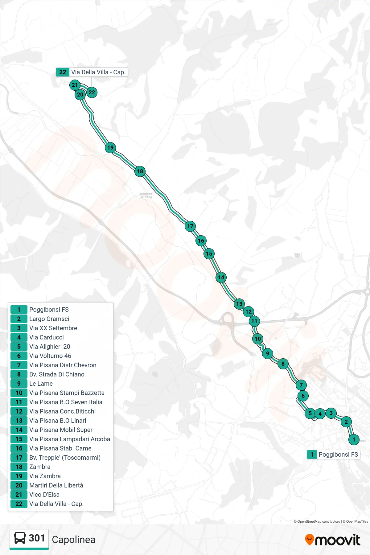 Linea 301 bus (Capolinea) - Percorsi e fermate sulla mappa
