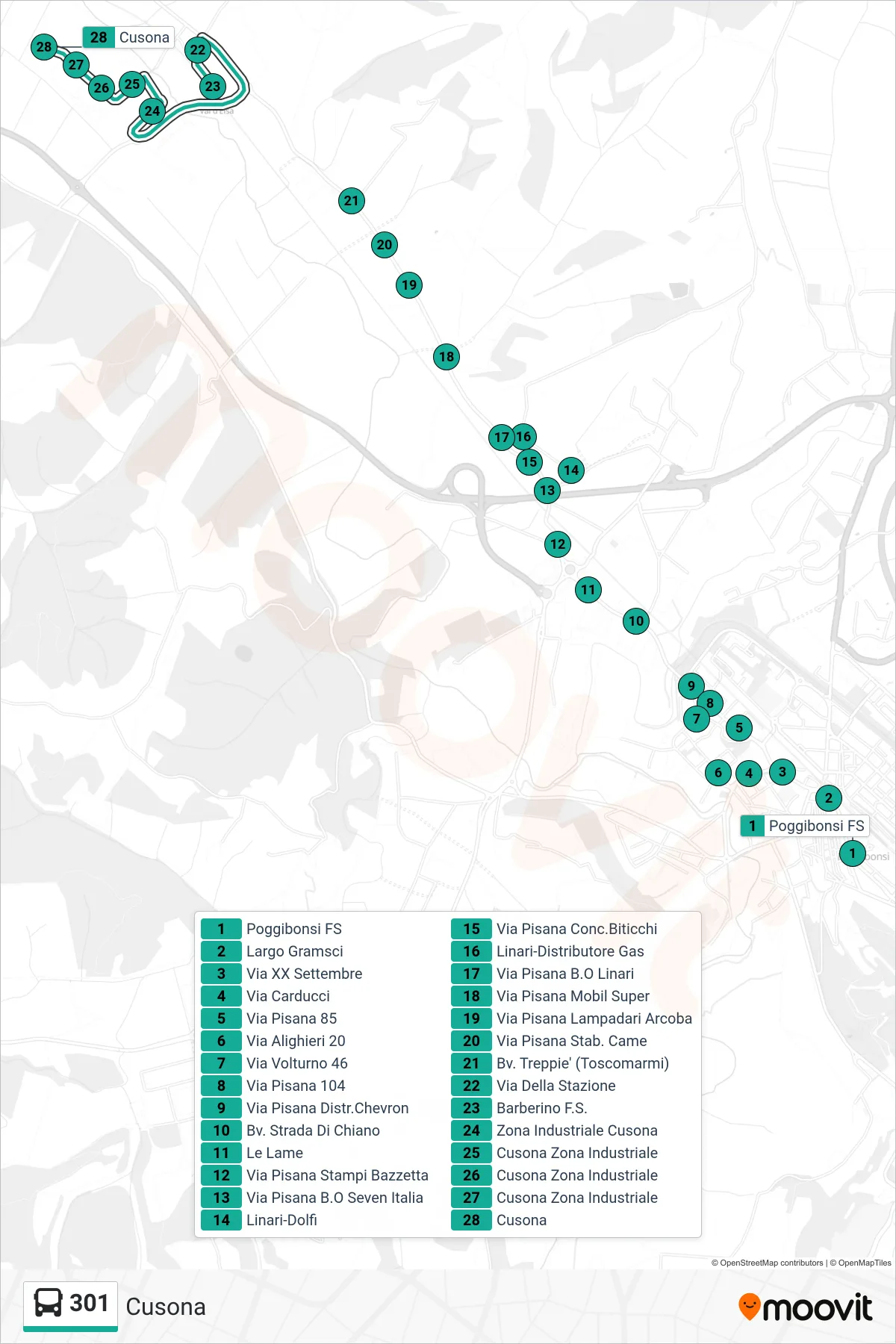 Linea 301 bus (Cusona) - Percorsi e fermate sulla mappa