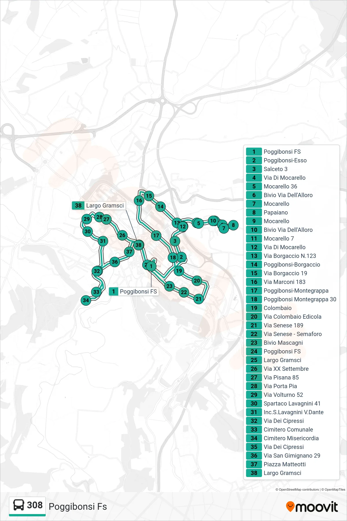 Linea 308 bus (Poggibonsi FS) - Percorsi e fermate sulla mappa