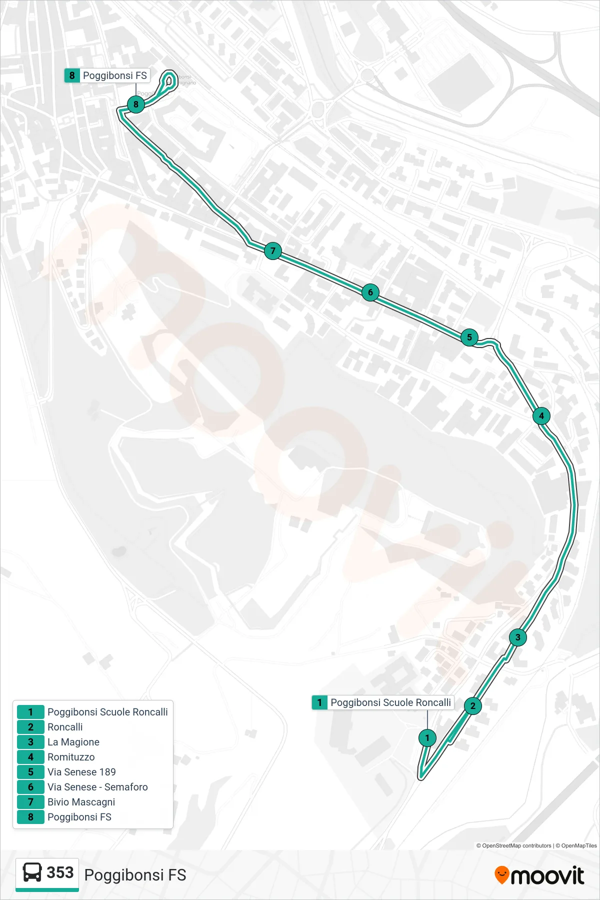 Linea 353  bus (Poggibonsi FS) - Percorsi e fermate sulla mappa