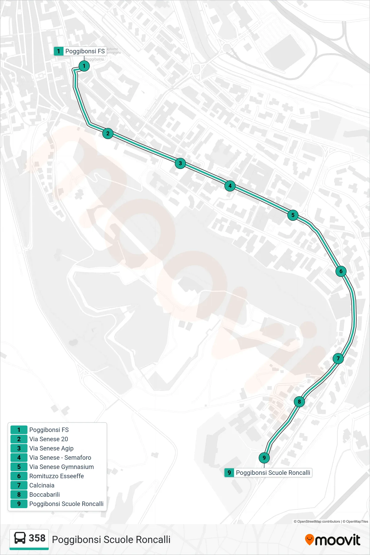 Linea 358  bus (Poggibonsi Scuole Roncalli) - Percorsi e fermate sulla mappa