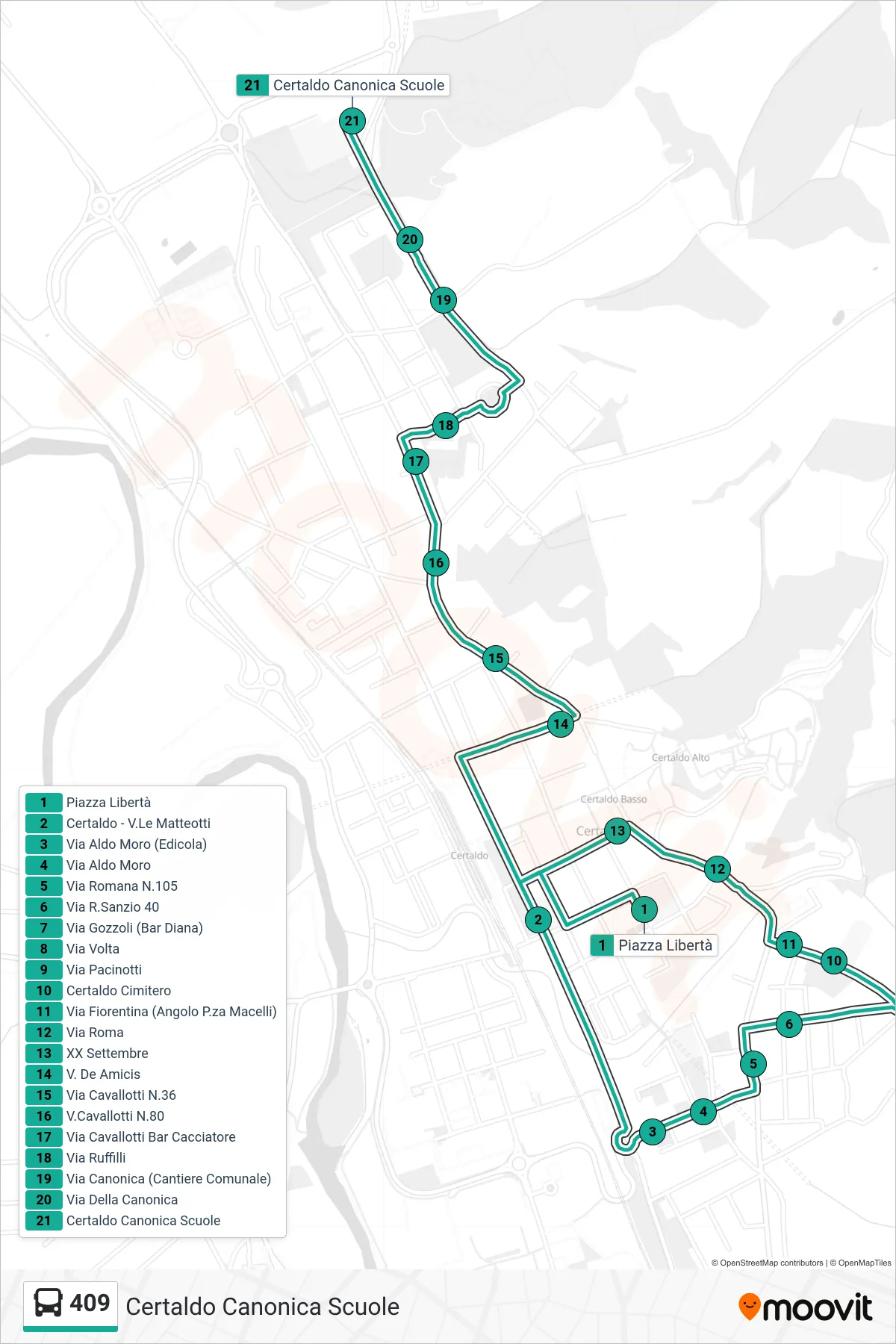 Linea 409 bus (Certaldo Canonica Scuole) - Percorsi e fermate sulla mappa