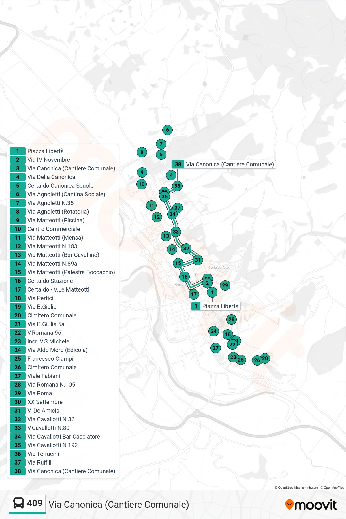 Linea 409 bus (Via Canonica (Cantiere Comunale)) - Percorsi e fermate sulla mappa
