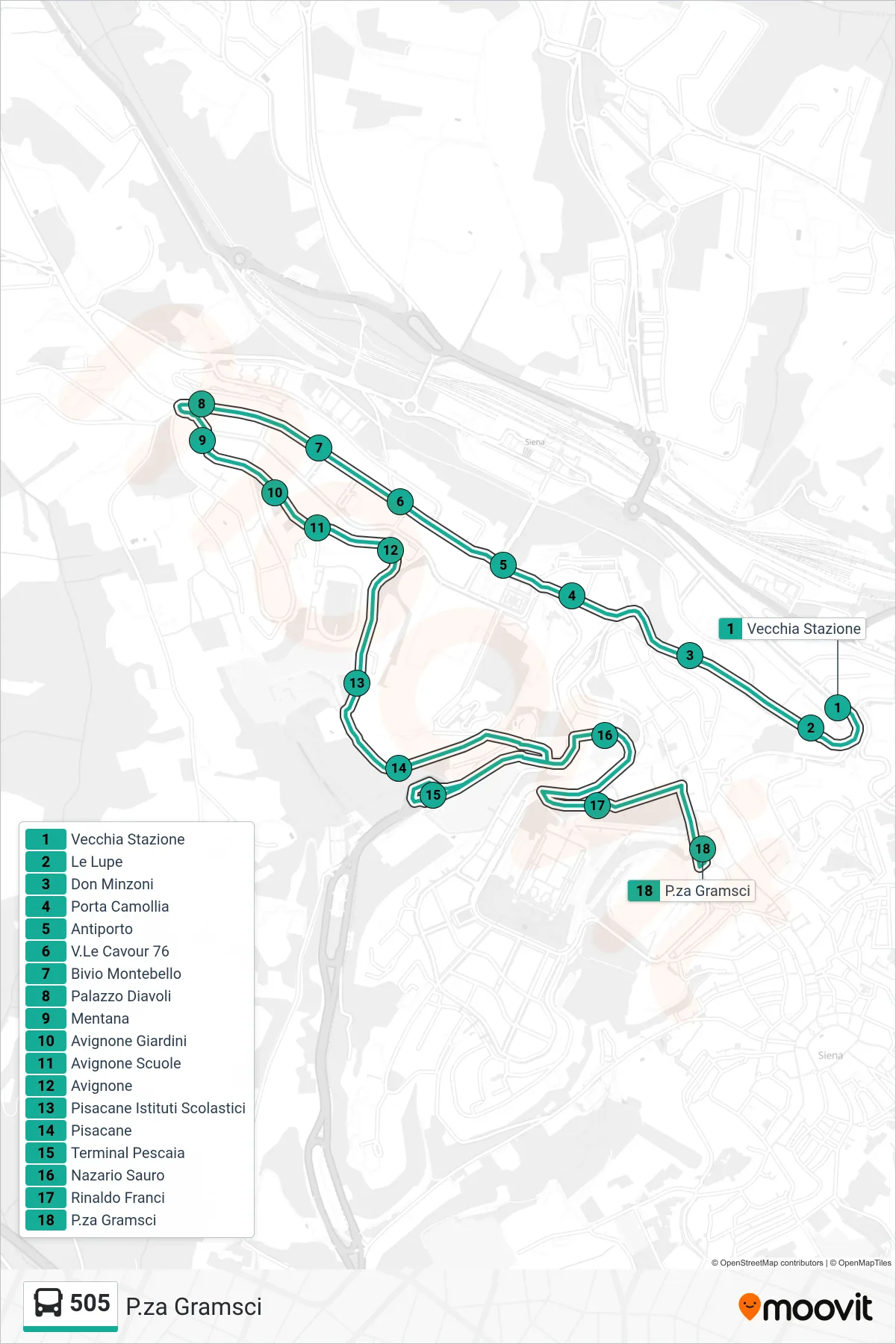 Linea 505 bus (P.za Gramsci) - Percorsi e fermate sulla mappa