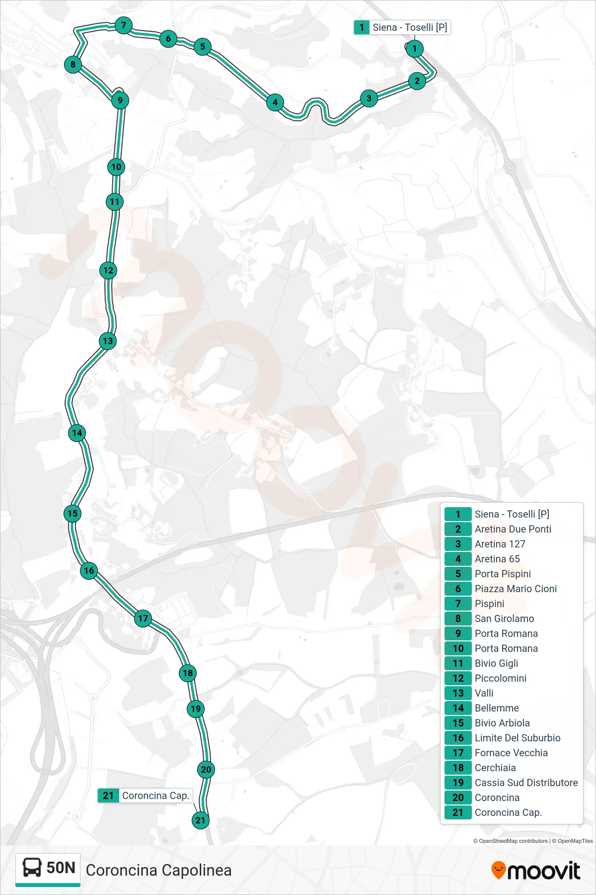 Linea 50N bus (Coroncina Capolinea) - Percorsi e fermate sulla mappa