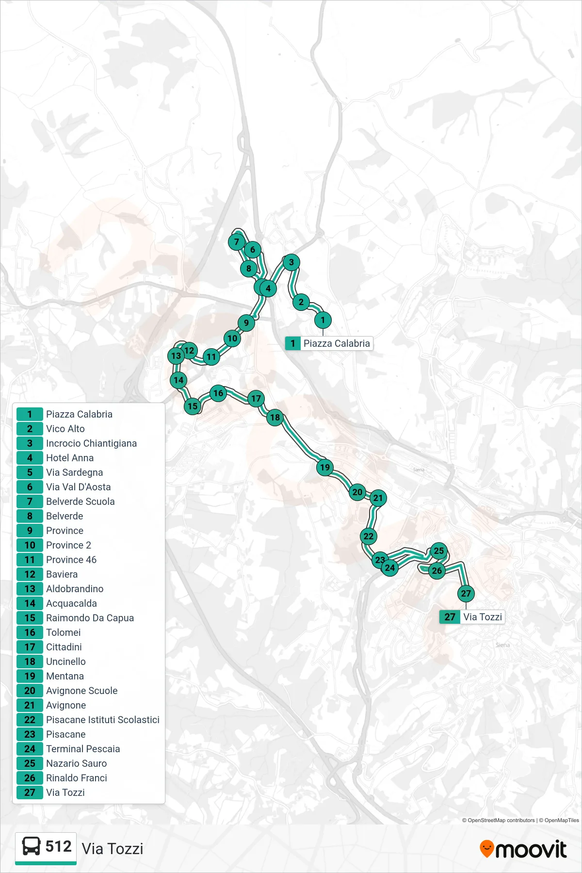 Linea 512 bus (Via Tozzi) - Percorsi e fermate sulla mappa
