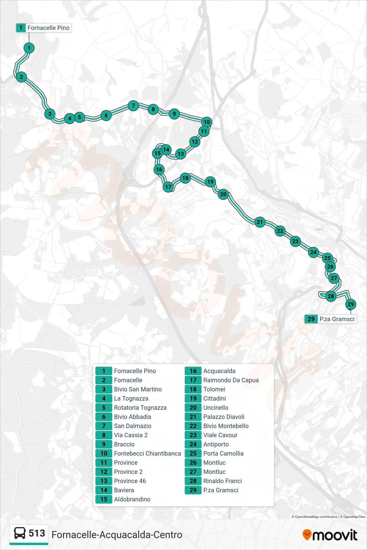 Linea 513  bus (P.za Gramsci) - Percorsi e fermate sulla mappa