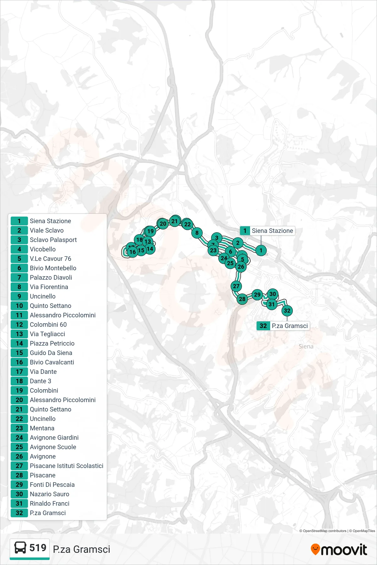 Linea 519 bus (P.za Gramsci) - Percorsi e fermate sulla mappa