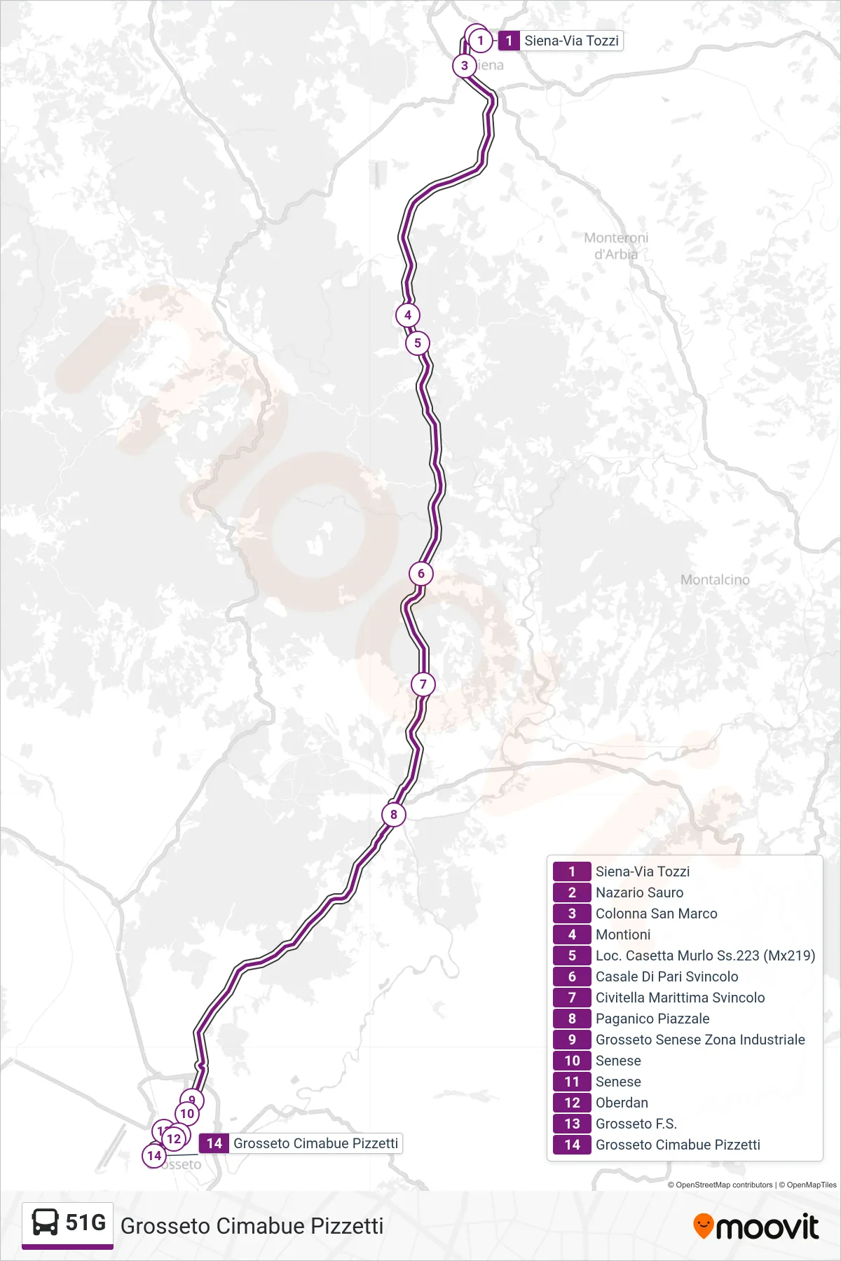 Linea 51G  bus (Grosseto Cimabue Pizzetti) - Percorsi e fermate sulla mappa