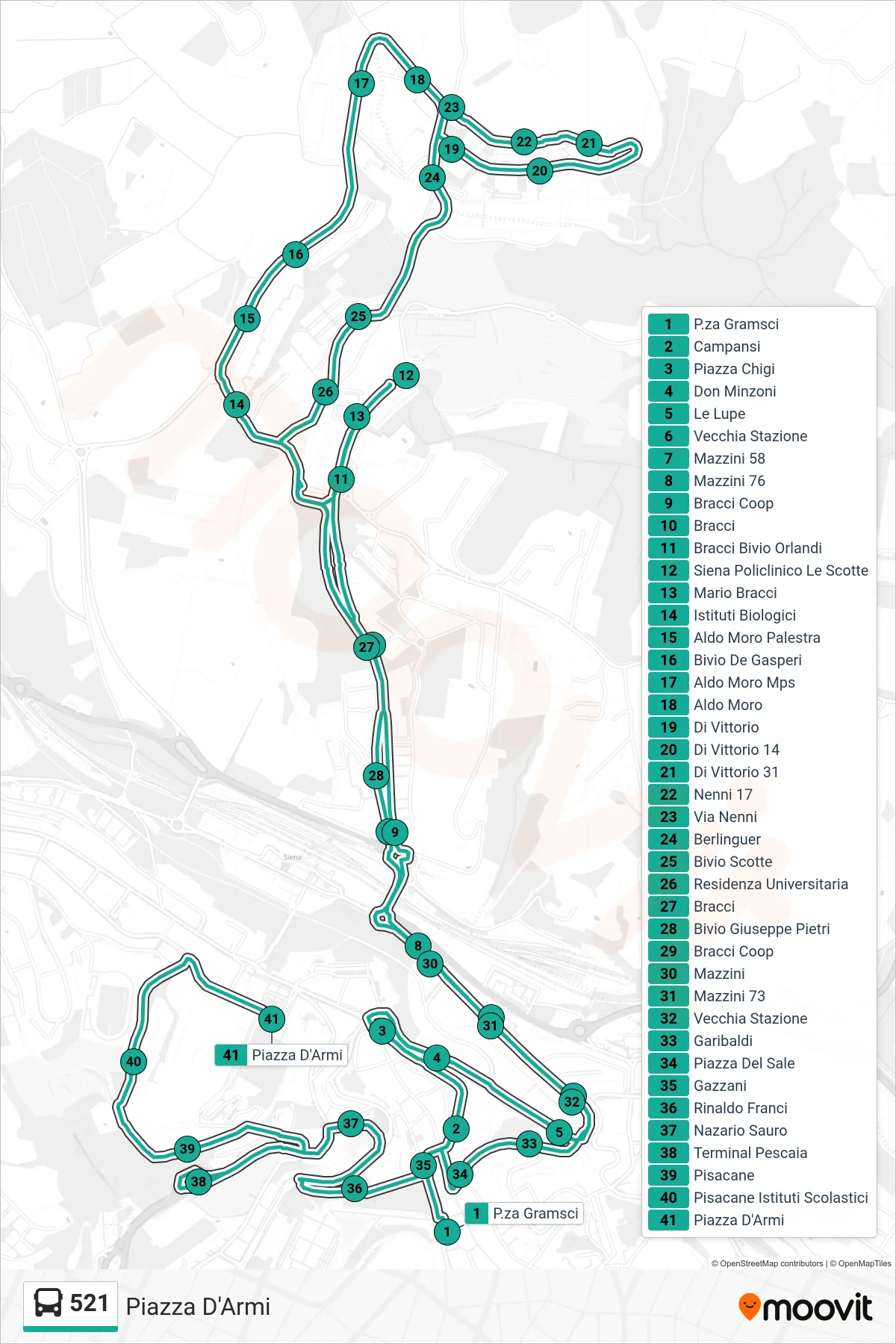 Linea 521  bus (Piazza D'Armi) - Percorsi e fermate sulla mappa