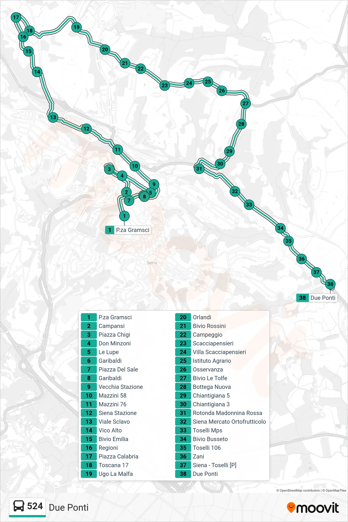 Linea 524 bus (Due Ponti) - Percorsi e fermate sulla mappa