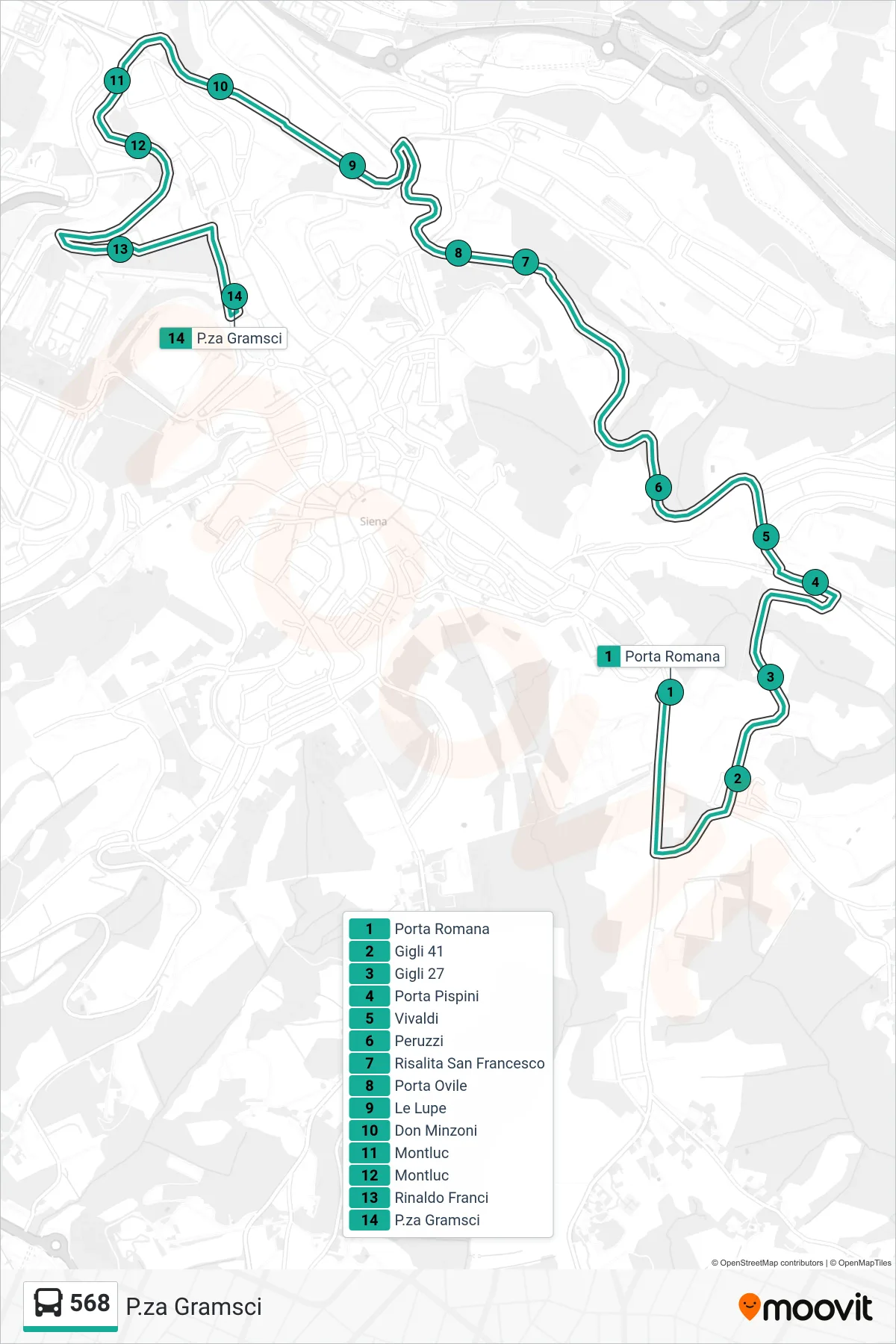 Linea 568 bus (P.za Gramsci) - Percorsi e fermate sulla mappa