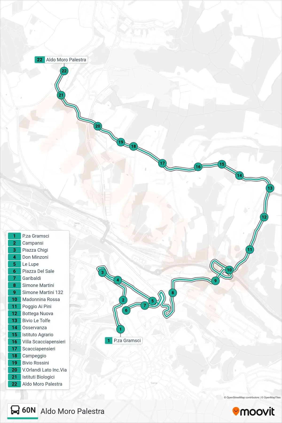Linea 60N bus (Aldo Moro Palestra) - Percorsi e fermate sulla mappa