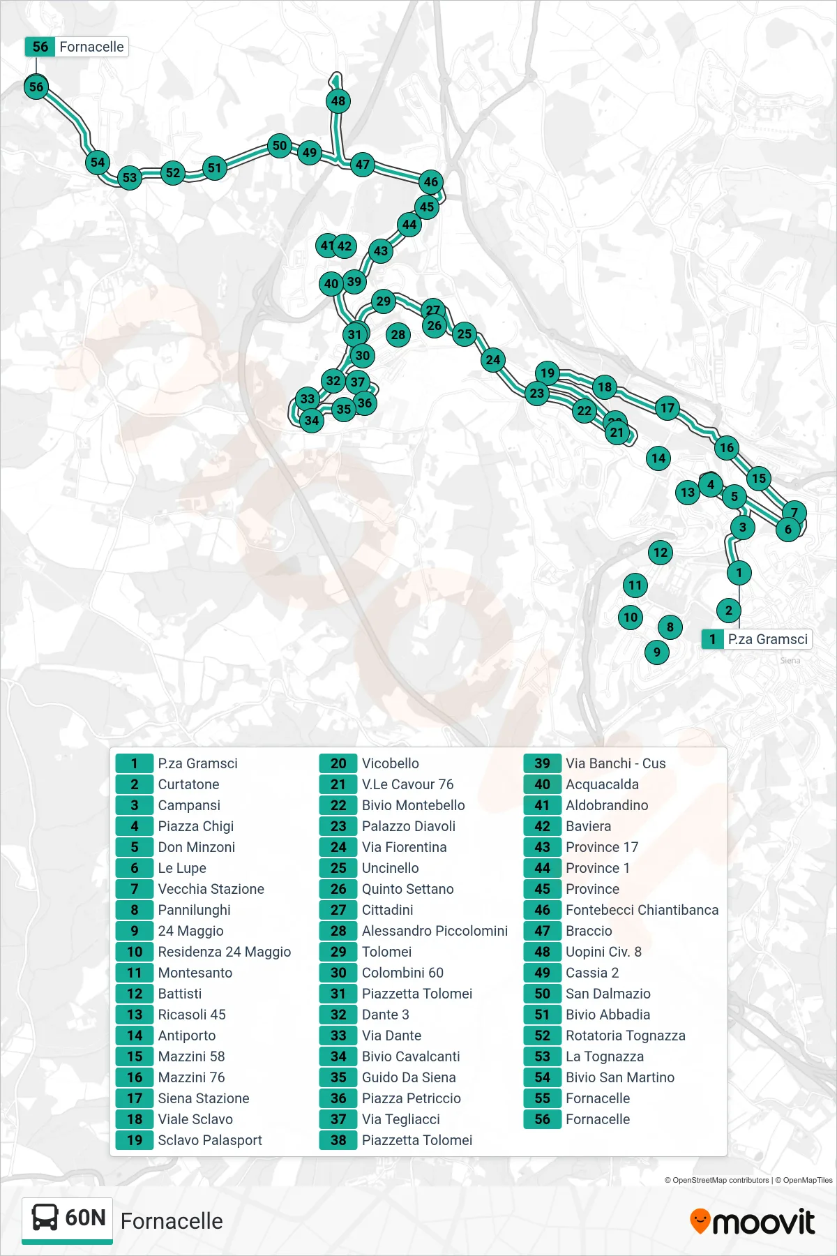 Linea 60N bus (Fornacelle) - Percorsi e fermate sulla mappa