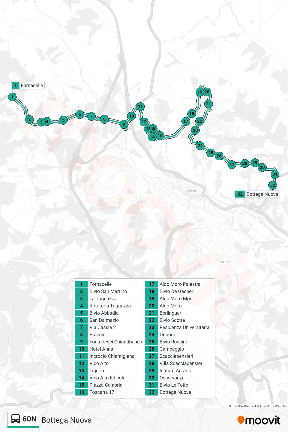 Linea 60N bus (Bottega Nuova) - Percorsi e fermate sulla mappa