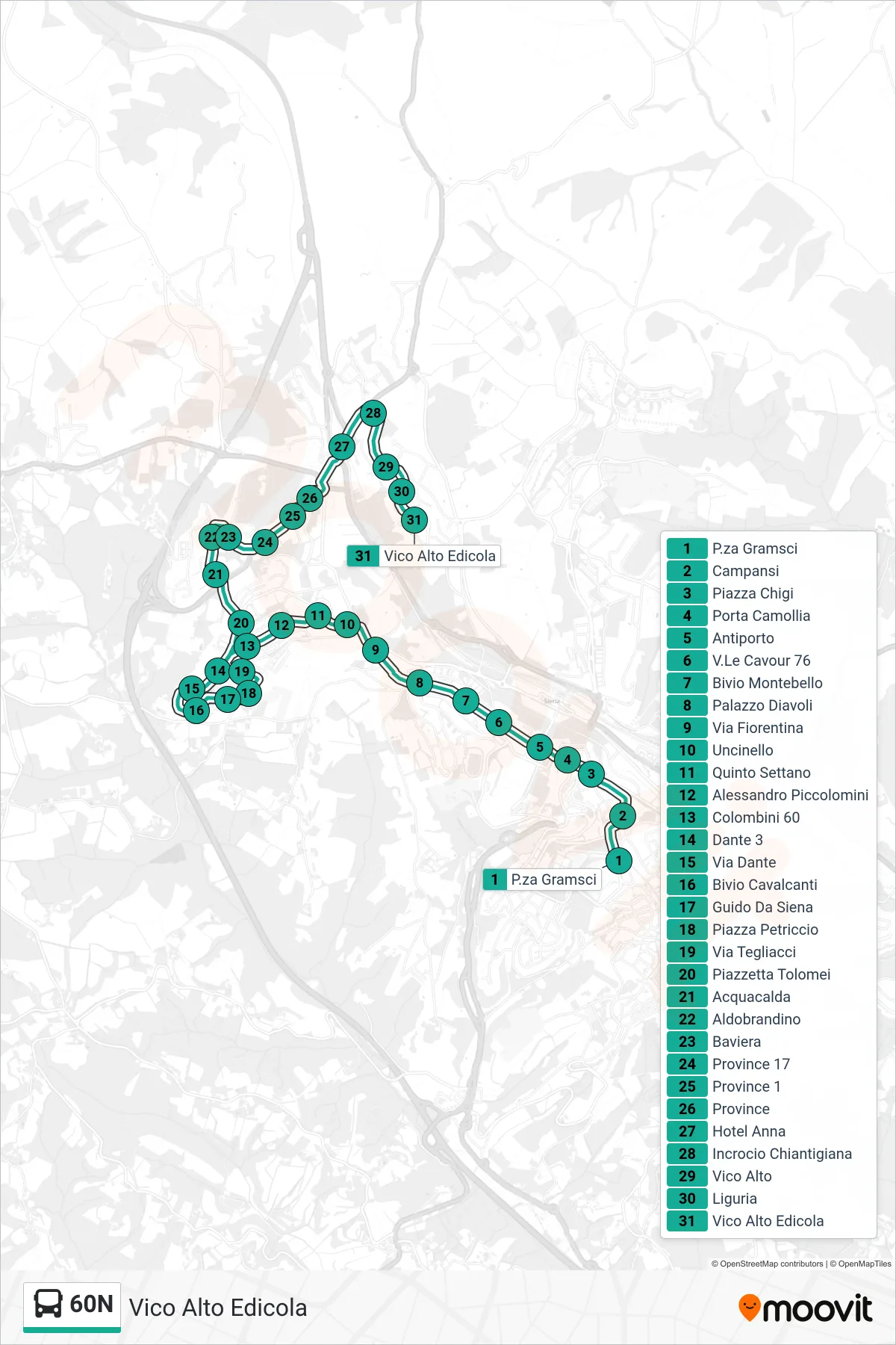 Linea 60N bus (Vico Alto Edicola) - Percorsi e fermate sulla mappa