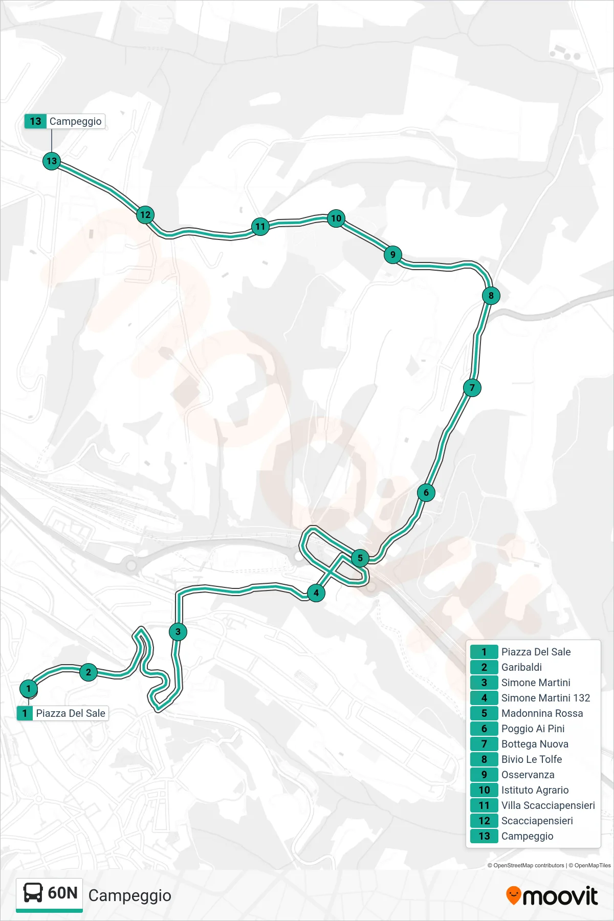 Linea 60N  bus (Campeggio) - Percorsi e fermate sulla mappa