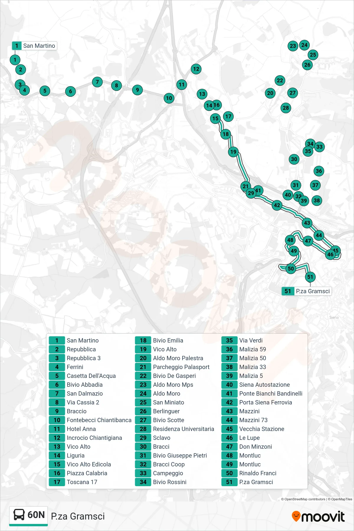 Linea 60N bus (P.za Gramsci) - Percorsi e fermate sulla mappa