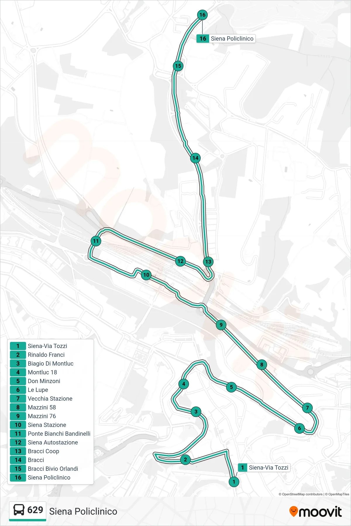 Linea 629 bus (Siena Policlinico) - Percorsi e fermate sulla mappa