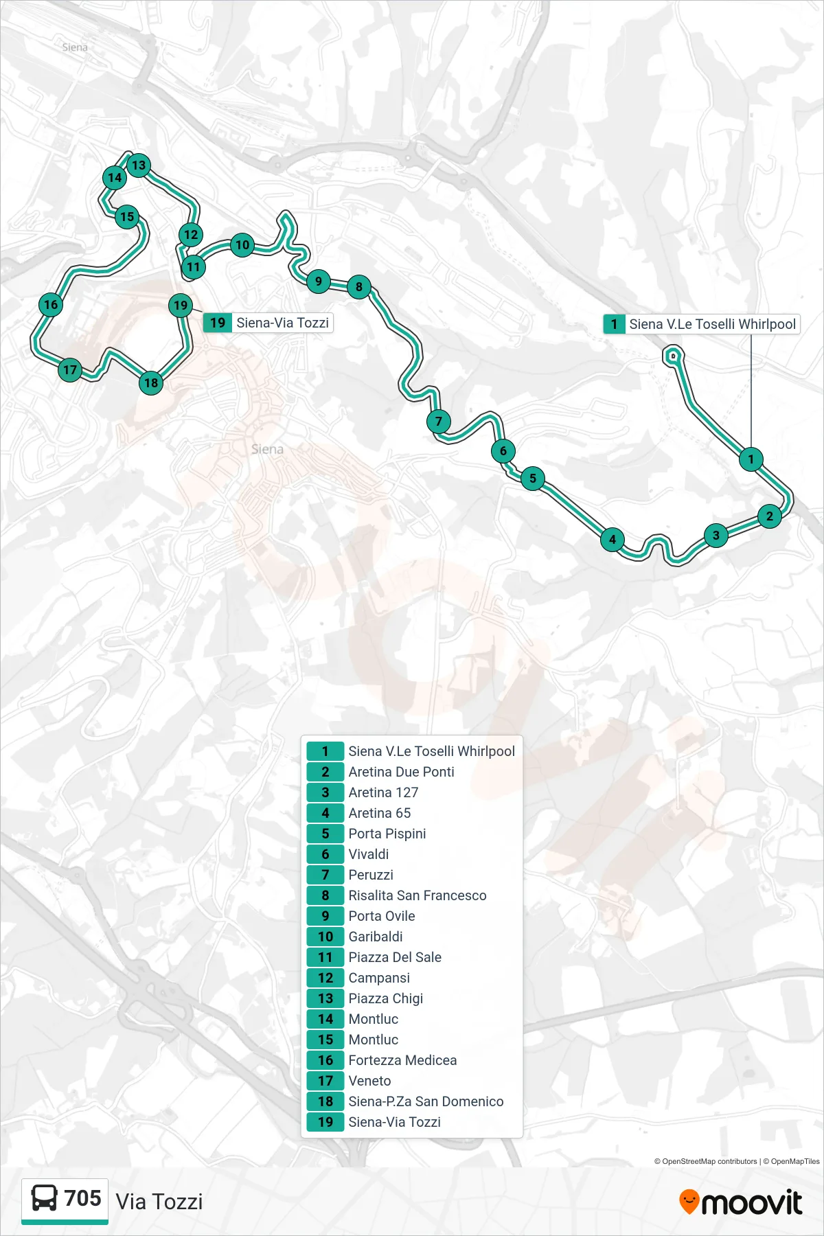 Linea 705 bus (Via Tozzi) - Percorsi e fermate sulla mappa
