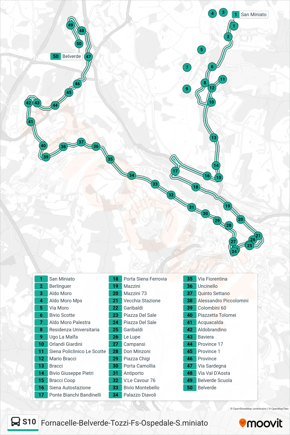 Linea S10 bus (Belverde) - Percorsi e fermate sulla mappa