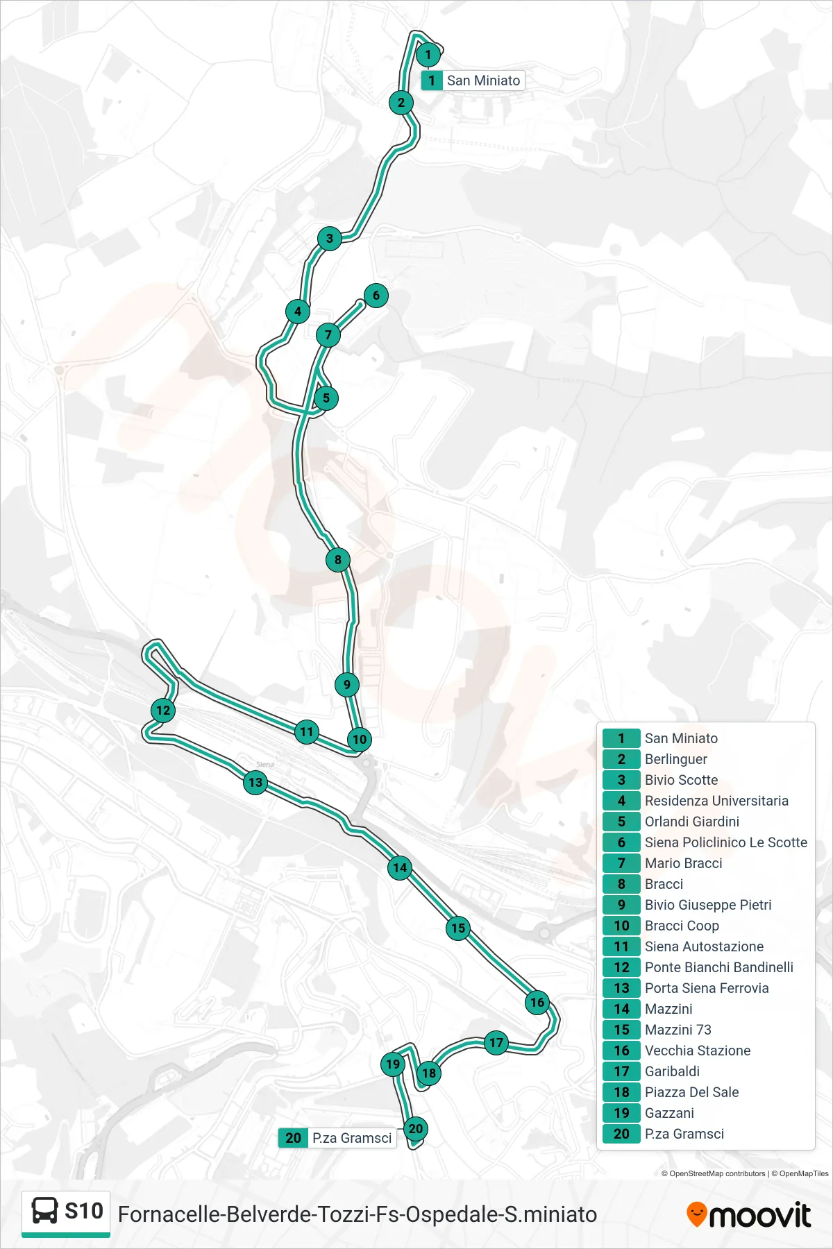 Linea S10  bus (P.za Gramsci) - Percorsi e fermate sulla mappa