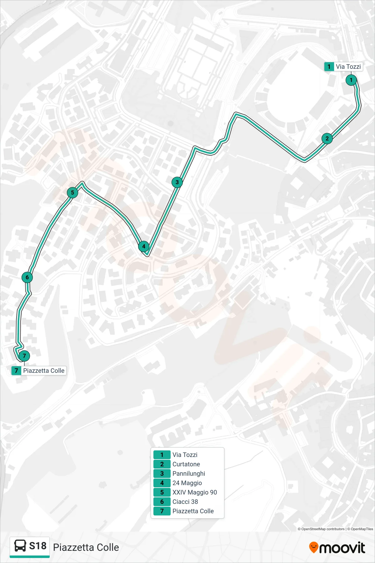 Linea S18  bus (Piazzetta Colle) - Percorsi e fermate sulla mappa