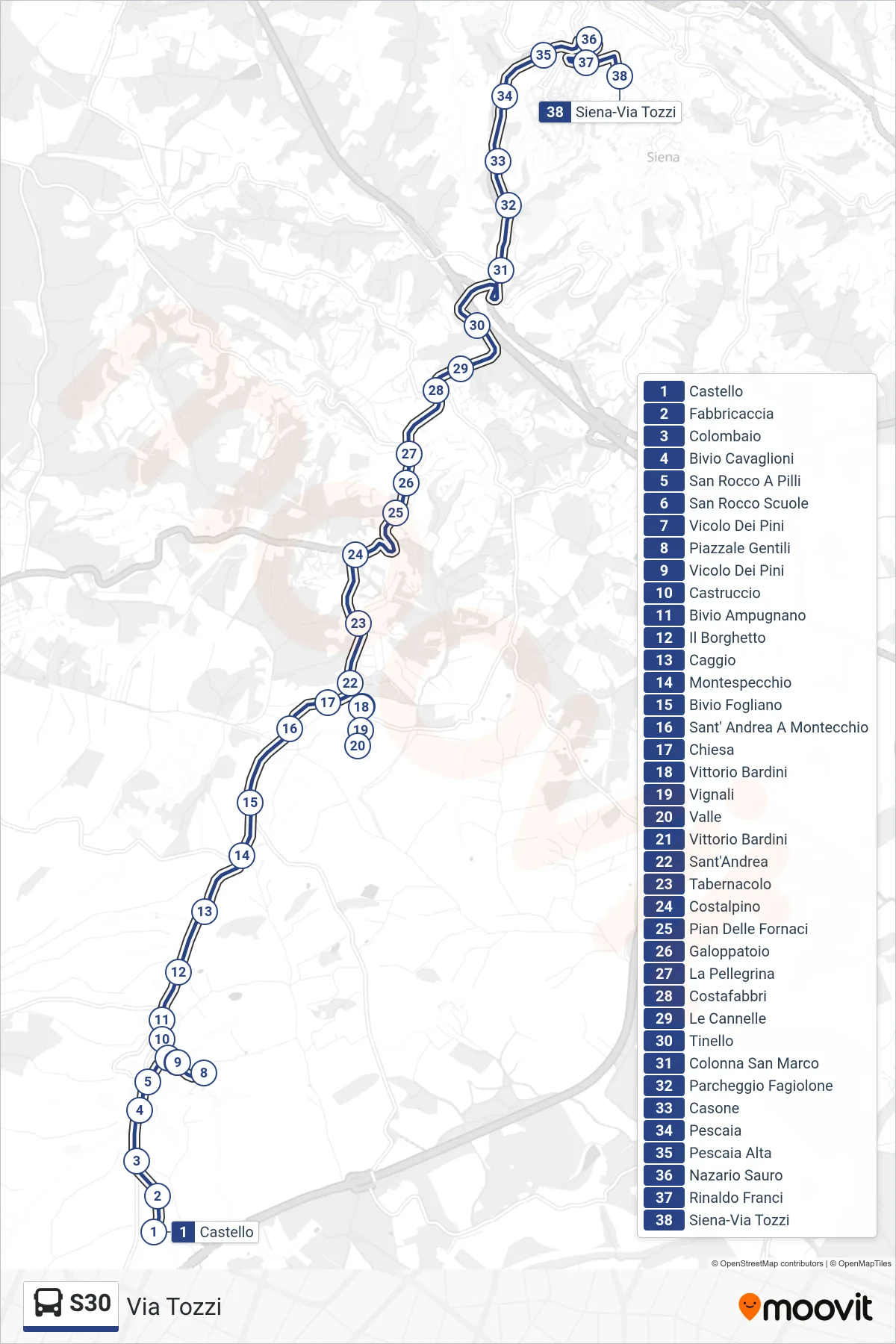 Linea S30 bus (Via Tozzi) - Percorsi e fermate sulla mappa