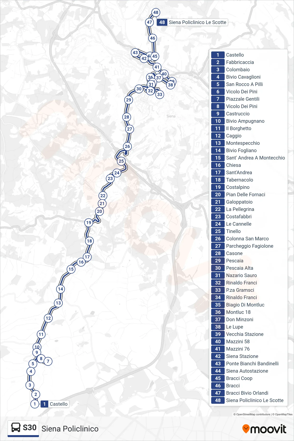 Linea S30 bus (Siena Policlinico) - Percorsi e fermate sulla mappa