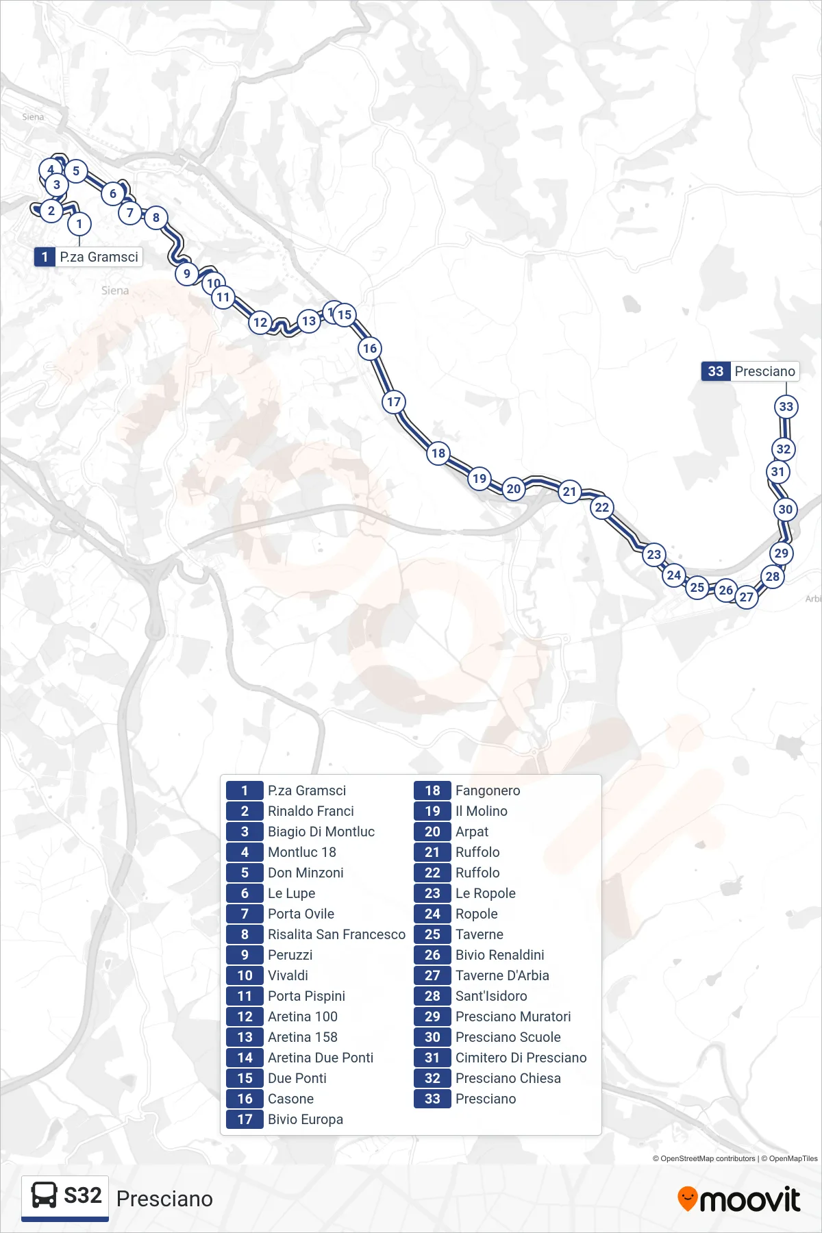Linea S32 bus (Presciano) - Percorsi e fermate sulla mappa