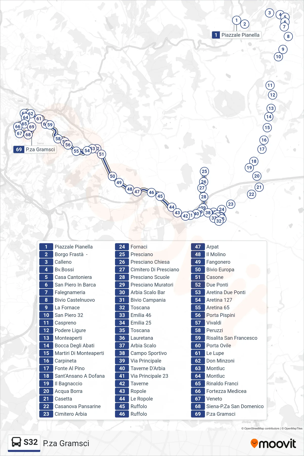 Linea S32 bus (P.za Gramsci) - Percorsi e fermate sulla mappa