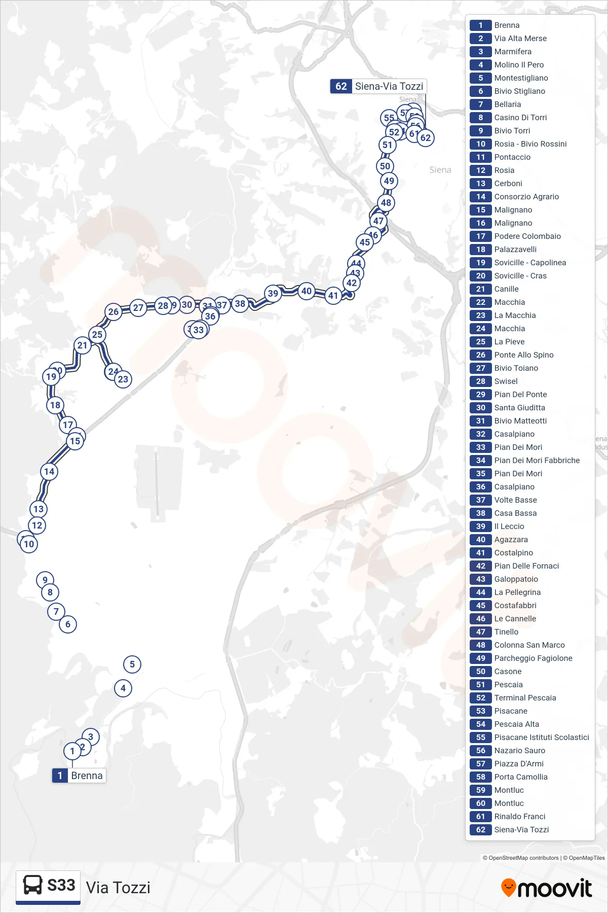 Linea S33 bus (Via Tozzi) - Percorsi e fermate sulla mappa