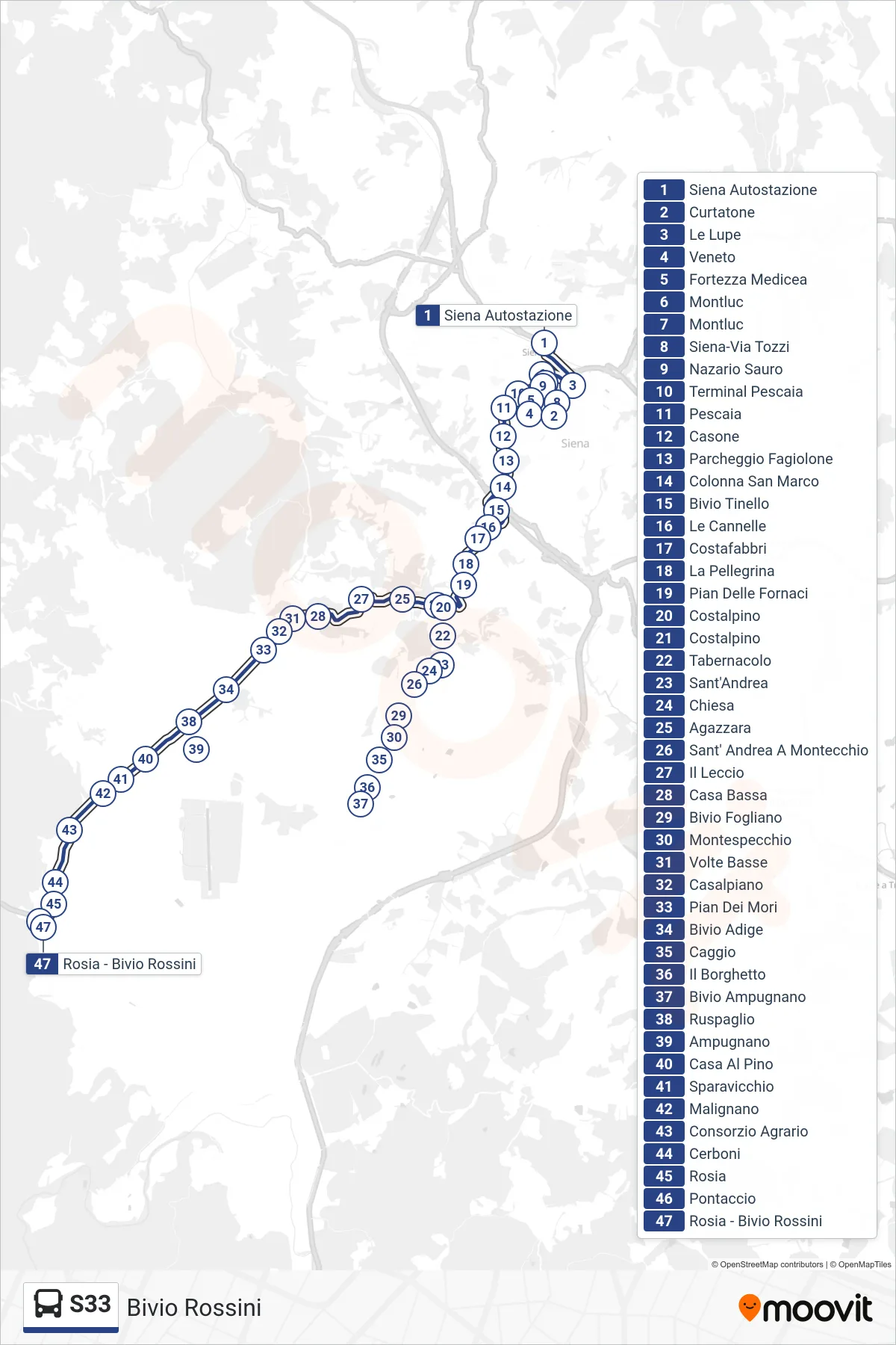 Linea S33 bus (Bivio Rossini) - Percorsi e fermate sulla mappa