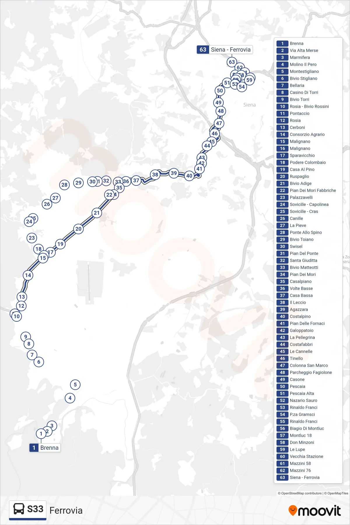 Linea S33 bus (Ferrovia) - Percorsi e fermate sulla mappa
