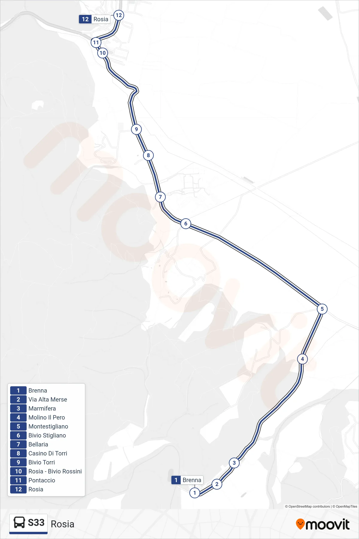 Linea S33 bus (Rosia) - Percorsi e fermate sulla mappa