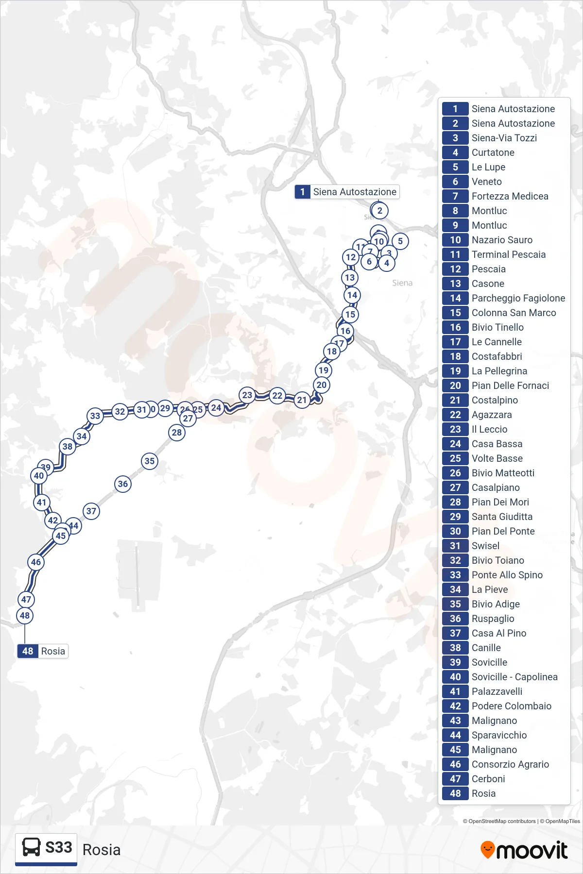 Linea S33  bus (Rosia) - Percorsi e fermate sulla mappa