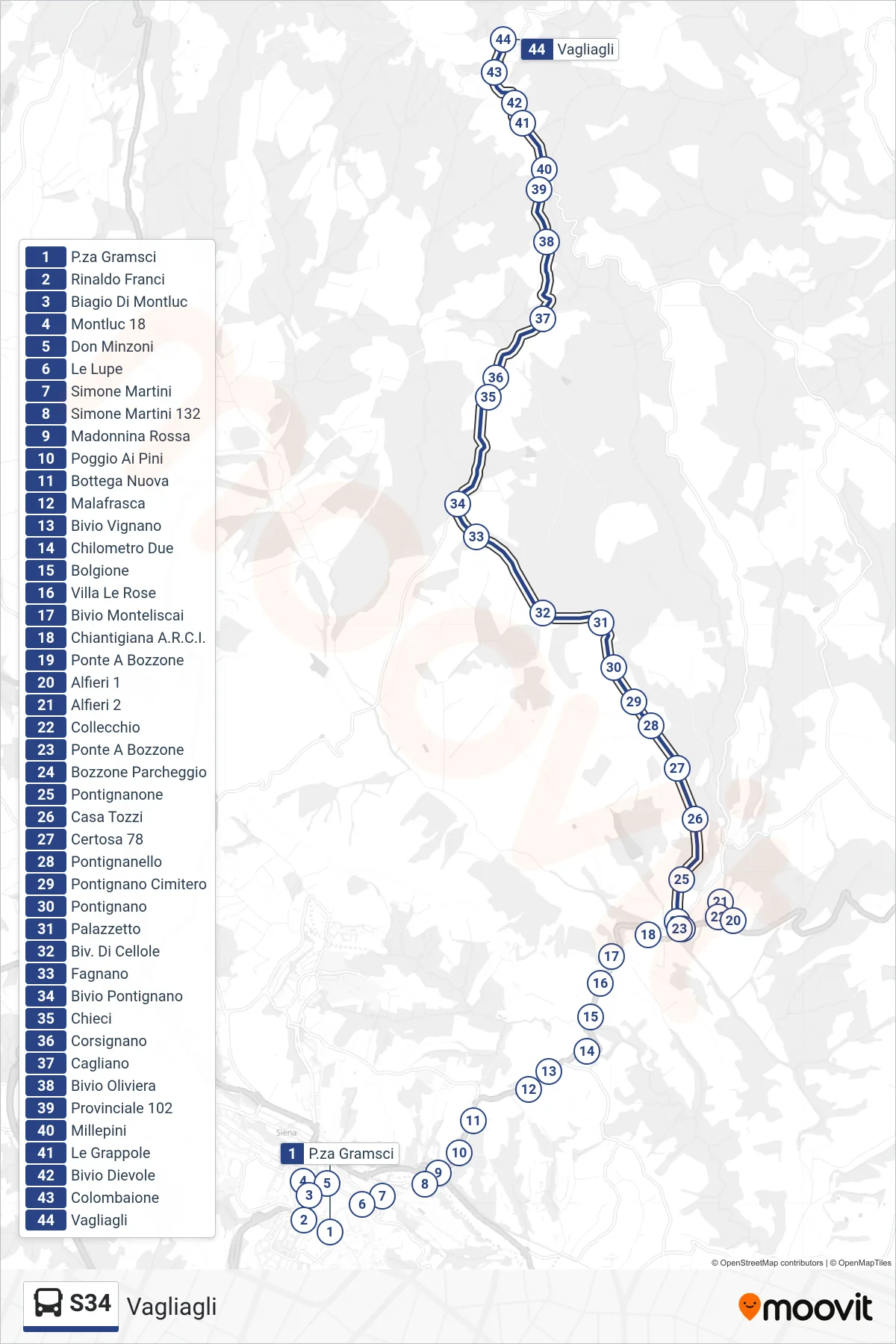 Linea S34 bus (Vagliagli) - Percorsi e fermate sulla mappa