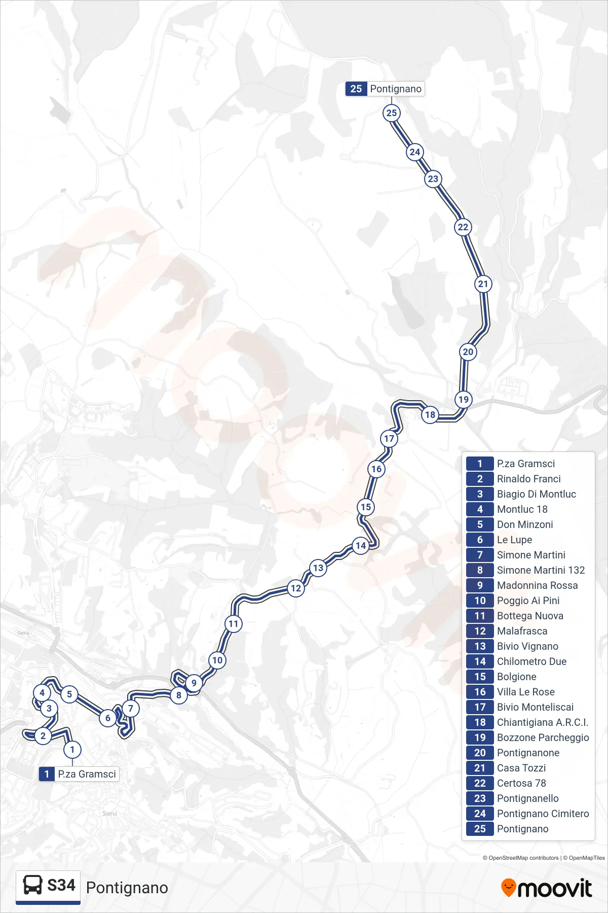 Linea S34 bus (Pontignano) - Percorsi e fermate sulla mappa