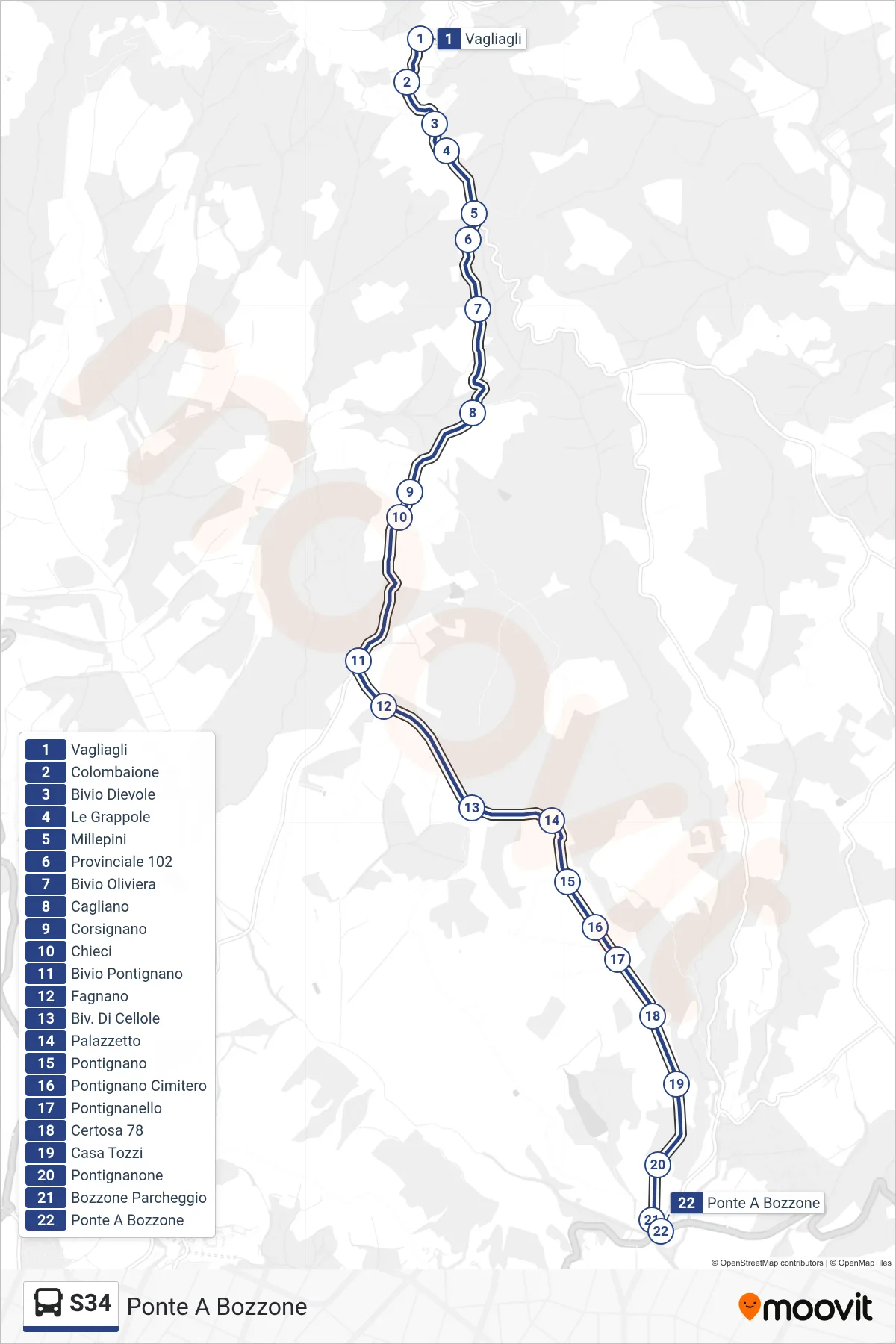 Linea S34 bus (Ponte A Bozzone) - Percorsi e fermate sulla mappa