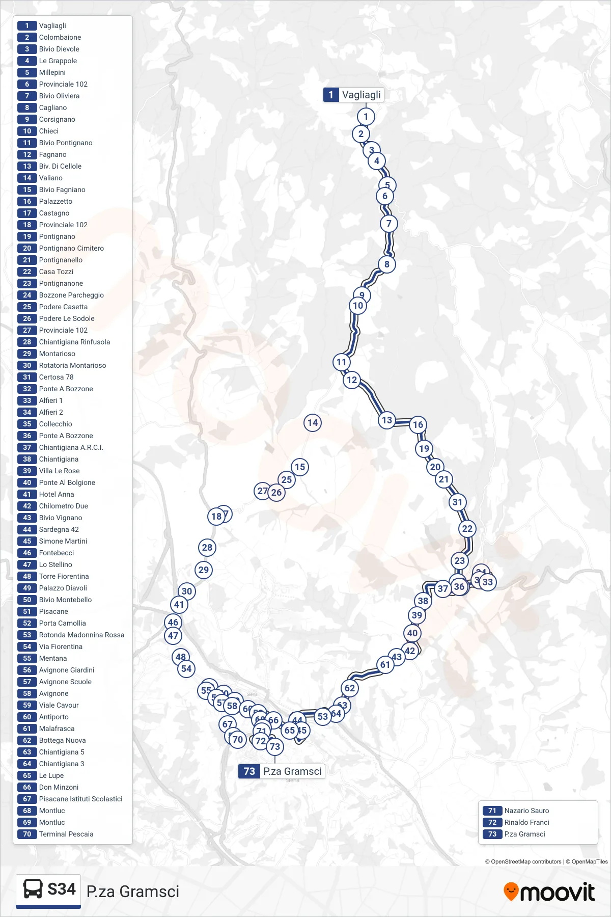 Linea S34 bus (P.za Gramsci) - Percorsi e fermate sulla mappa
