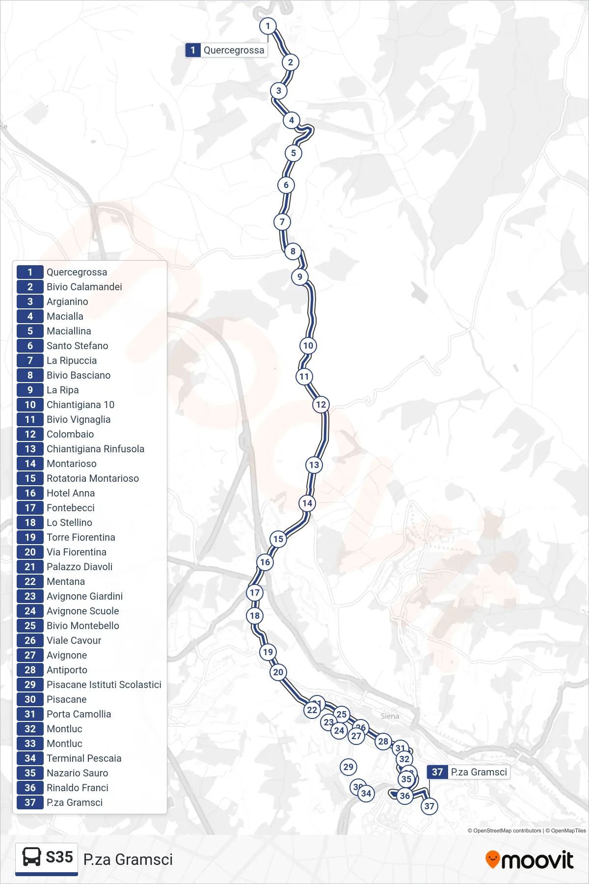 Linea S35 bus (P.za Gramsci) - Percorsi e fermate sulla mappa