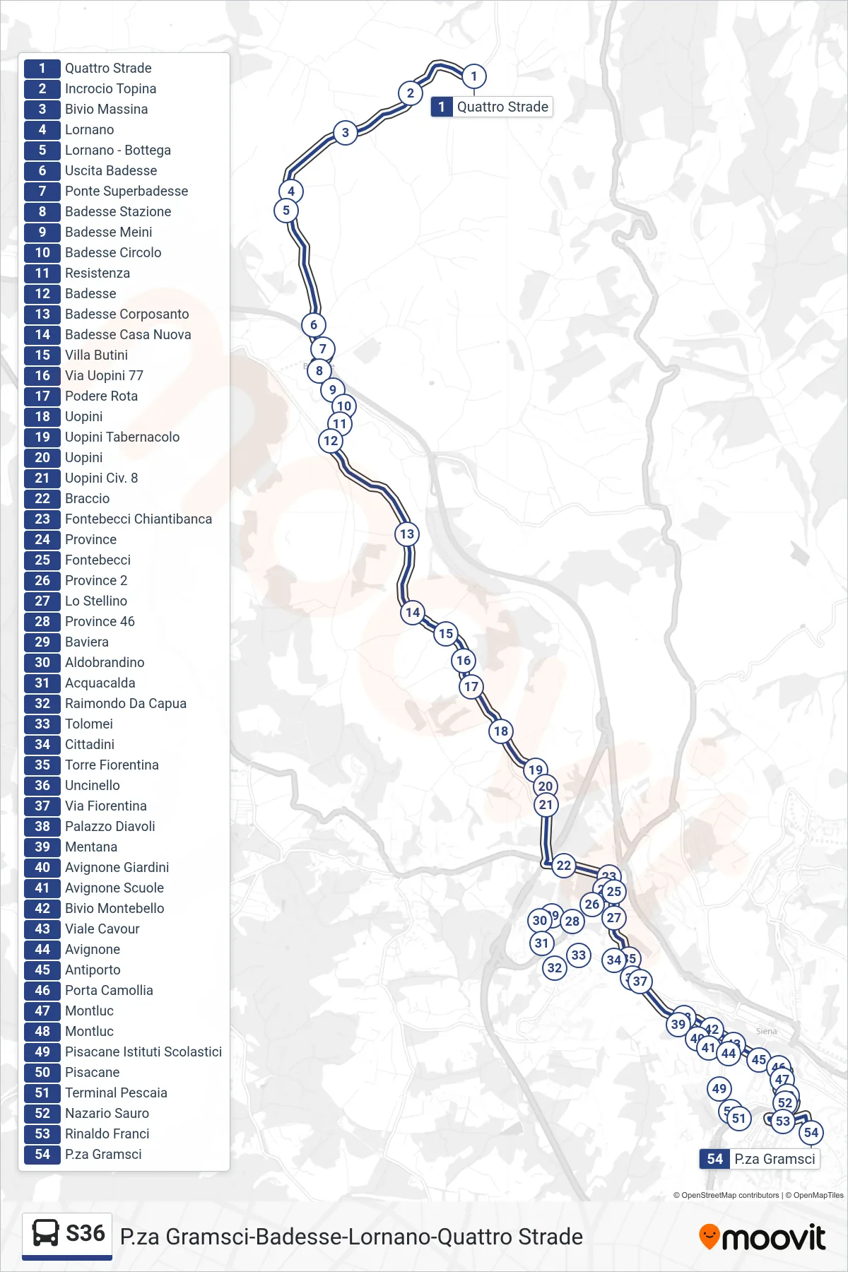 Linea S36 bus (P.za Gramsci) - Percorsi e fermate sulla mappa