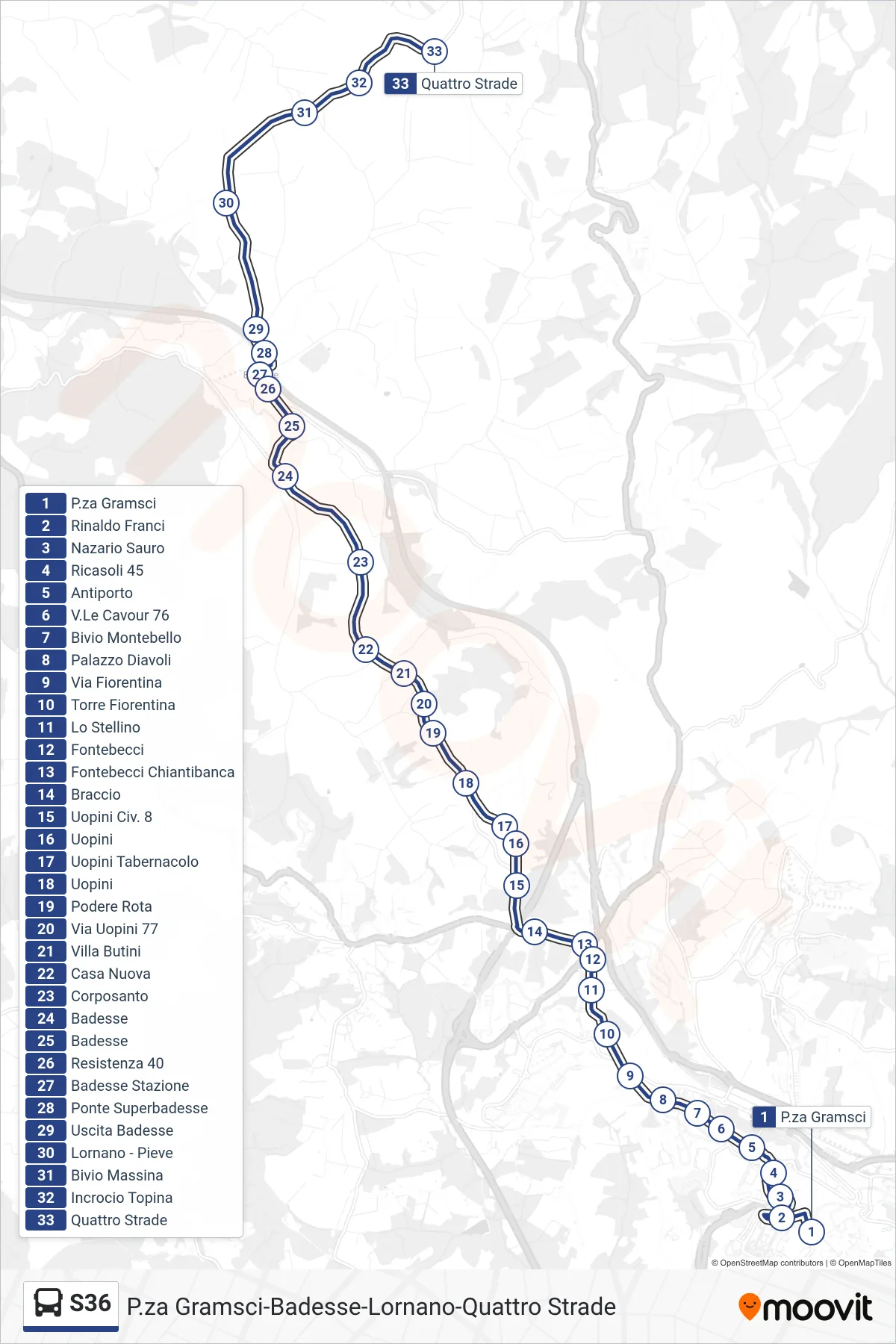 Linea S36 bus (Quattro Strade) - Percorsi e fermate sulla mappa
