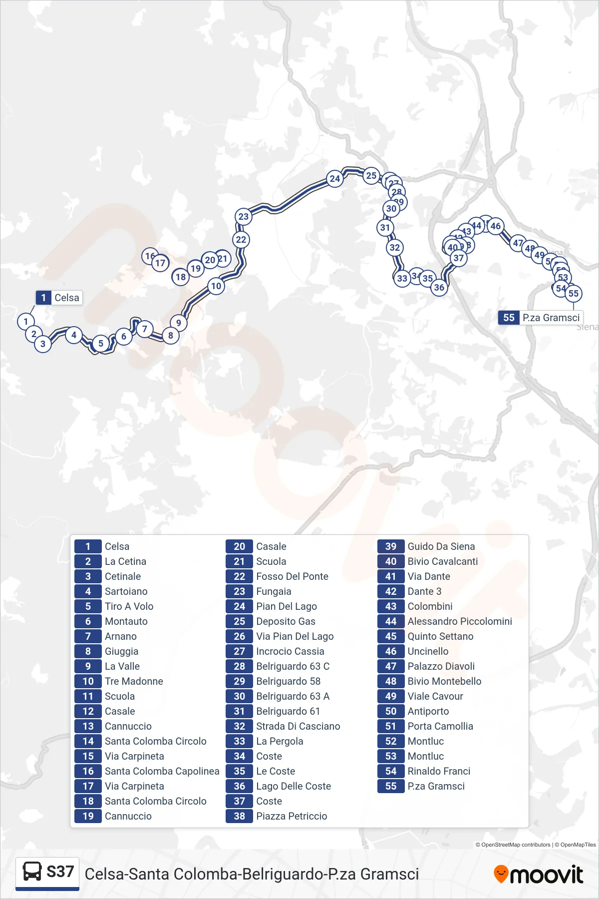 Linea S37 bus (P.za Gramsci) - Percorsi e fermate sulla mappa