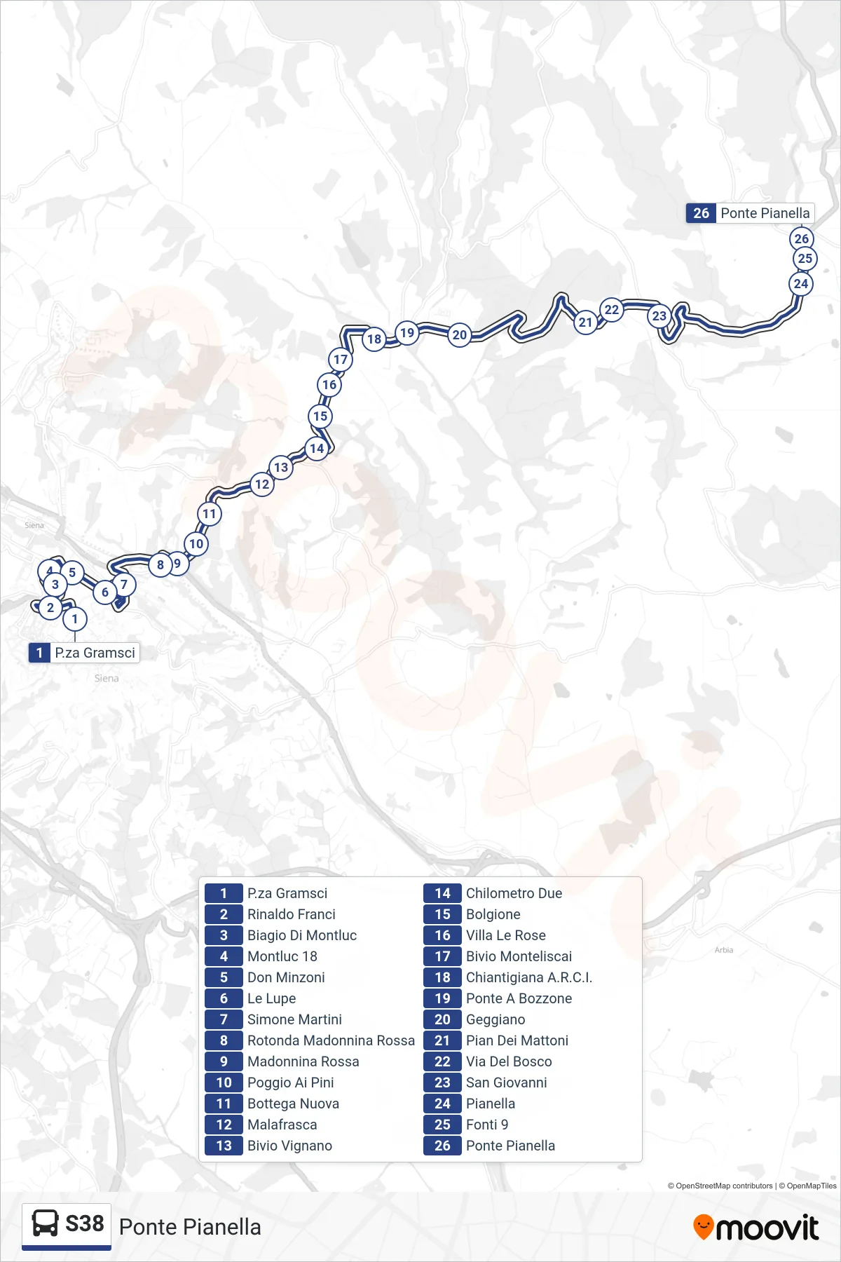 Linea S38 bus (Ponte Pianella) - Percorsi e fermate sulla mappa