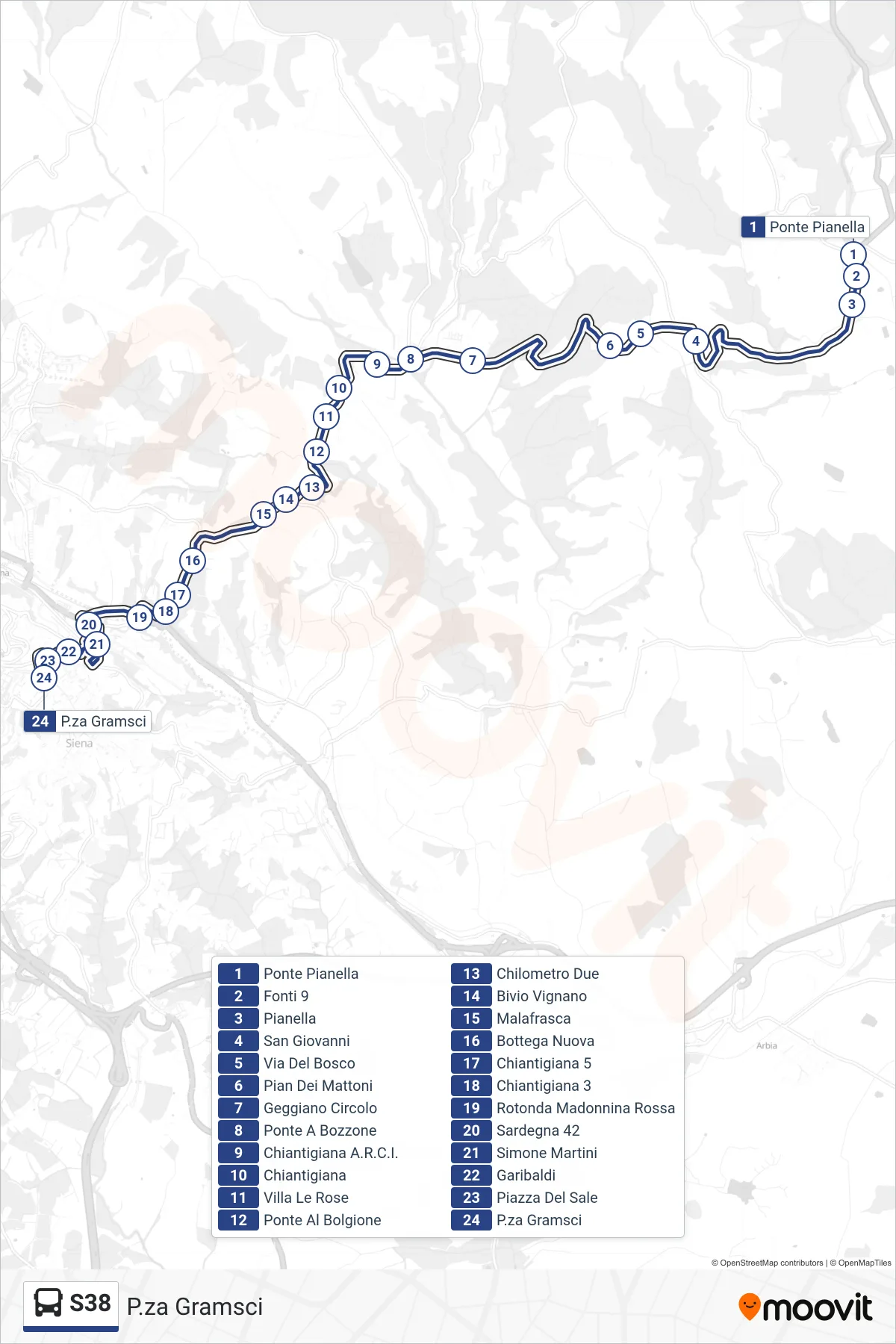 Linea S38  bus (P.za Gramsci) - Percorsi e fermate sulla mappa