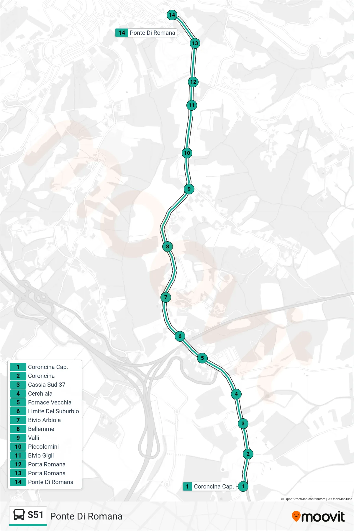 Linea S51 bus (Ponte Di Romana) - Percorsi e fermate sulla mappa